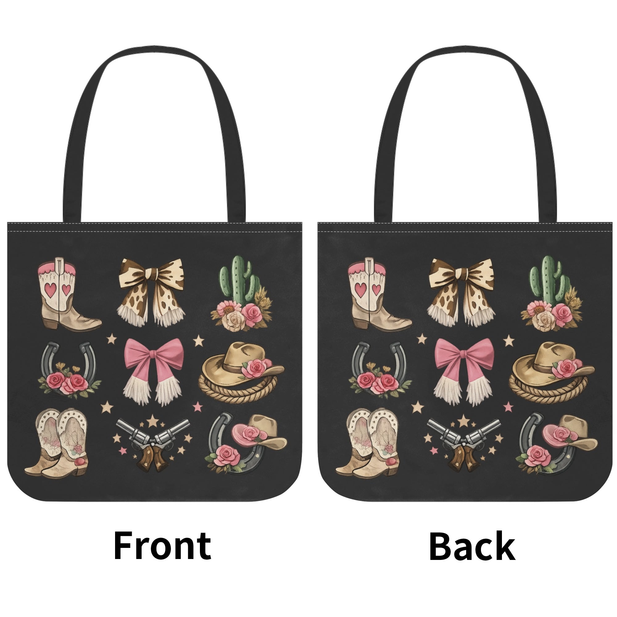 Front and back views of the double-sided western cowgirl tote bag