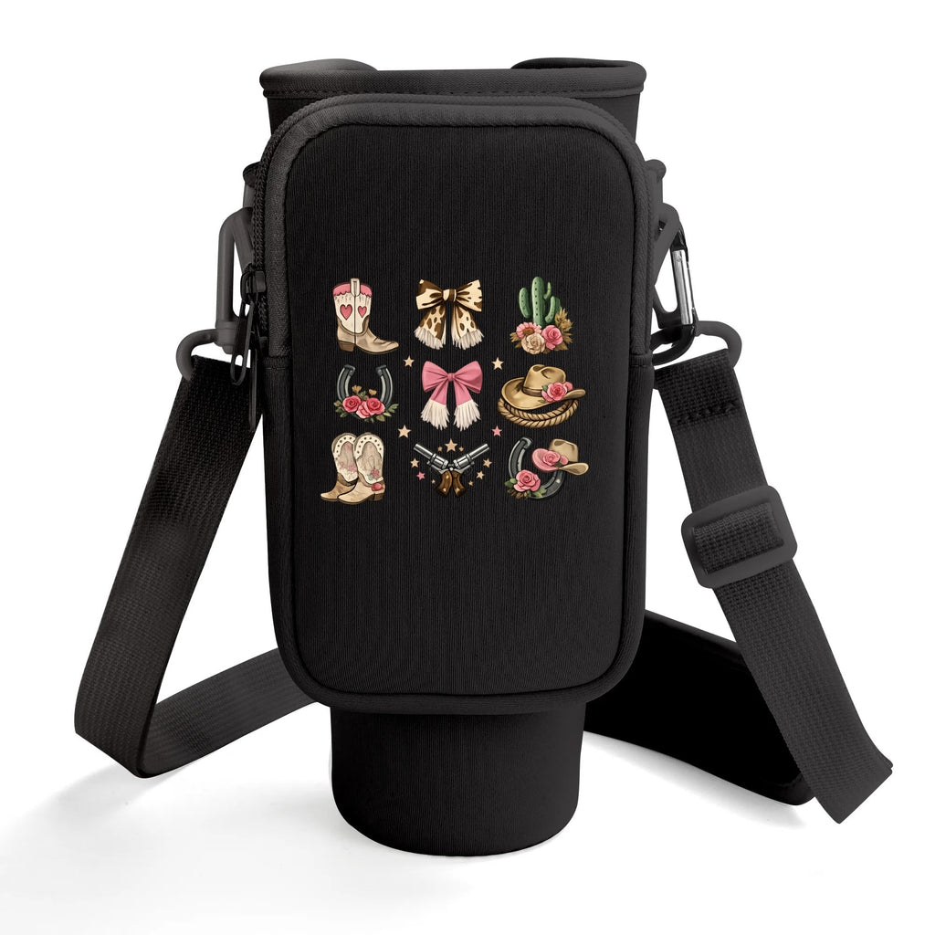 Front view of black western cowgirl 40 oz tumbler carrier with zip phone pocket