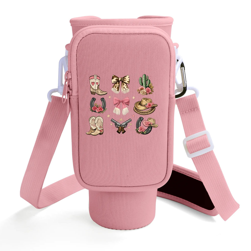 Front view of pink western cowgirl 40 oz tumbler carrier with zip pocket