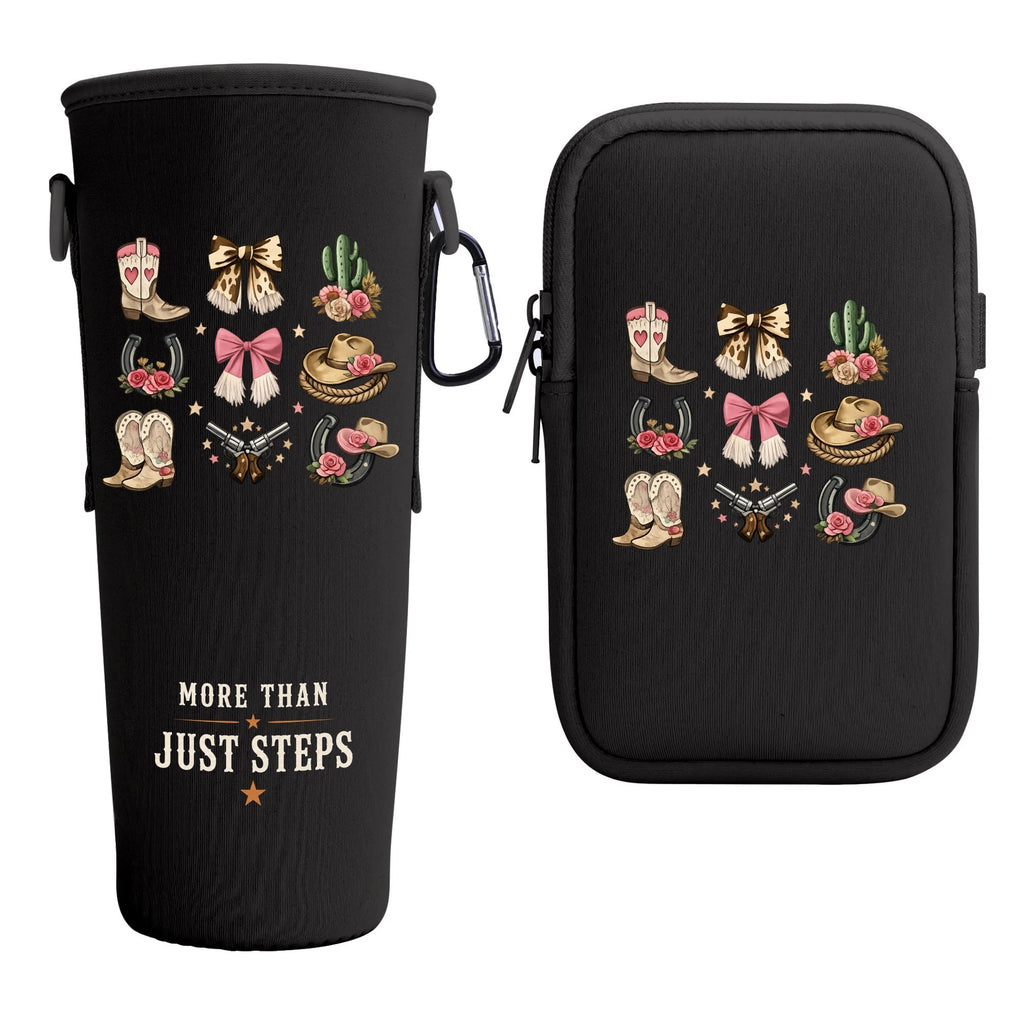 Front and back views of black western cowgirl tumbler carrier