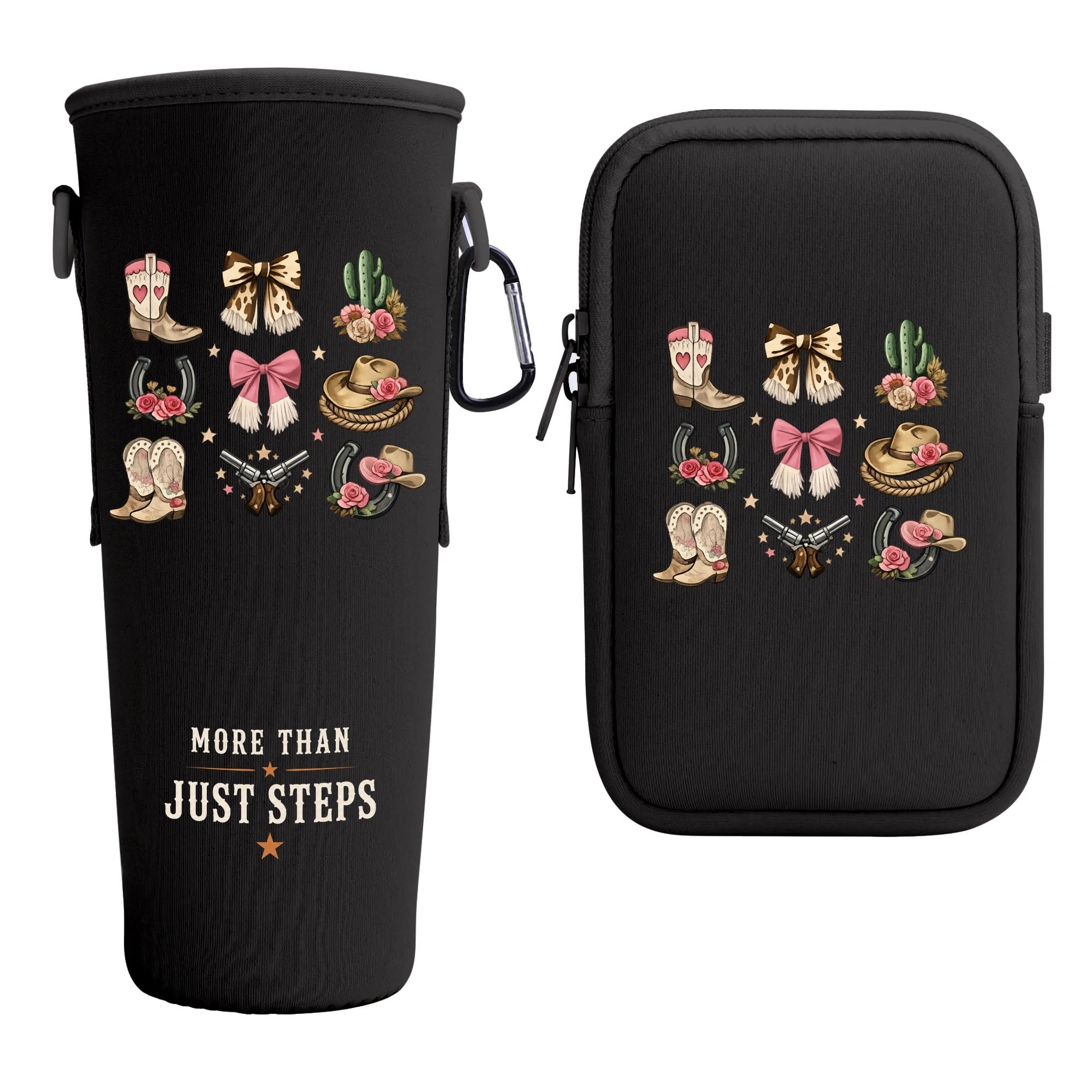 Front and back views of black western cowgirl tumbler carrier