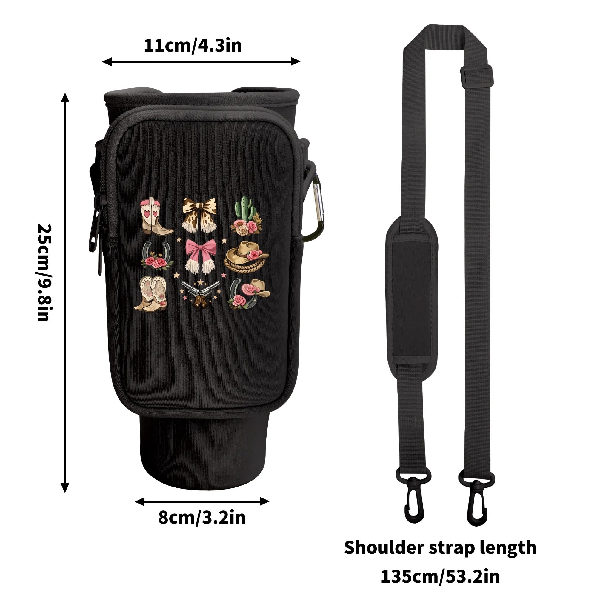 Black tumbler carrier size guide showing 25 centimetre height and 135 centimetre strap