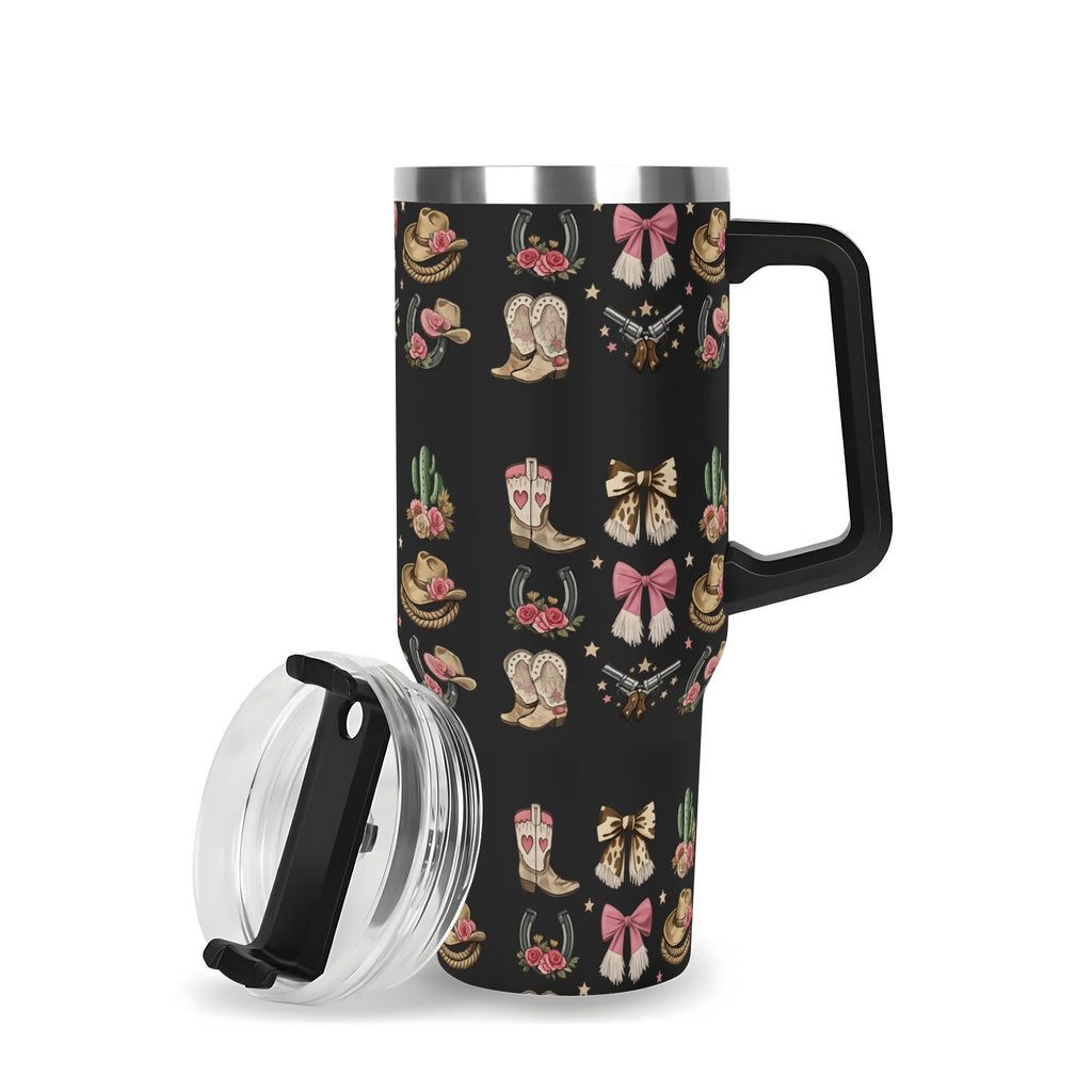 Western cowgirl stainless steel tumbler with clear lid removed and reusable straw