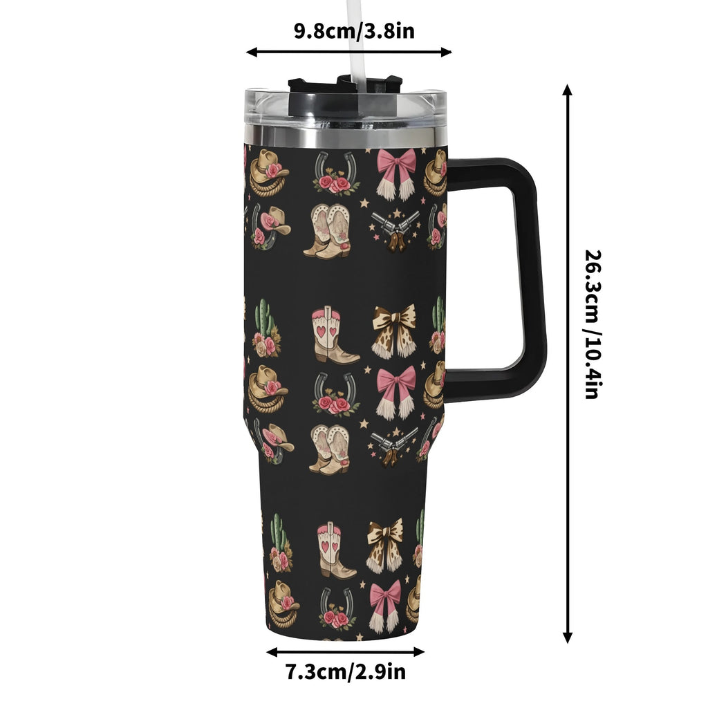 Western cowgirl tumbler size guide showing 26.3 centimetre height and tapered base