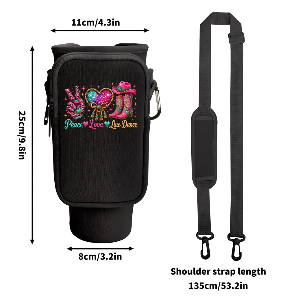 Peace Love Line Dance bottle carrier size guide showing 25 cm height, 8 cm base, 11 cm top and 135 cm strap