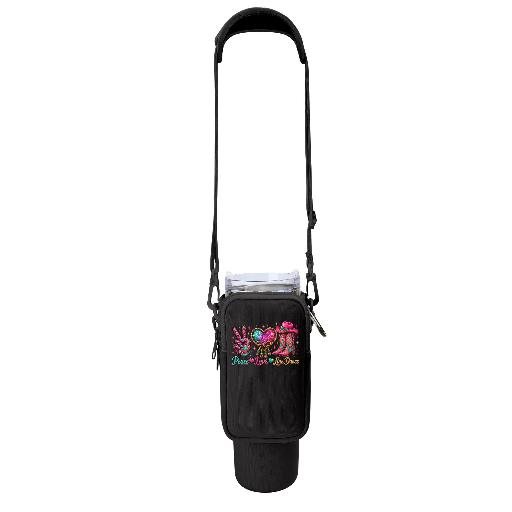 Peace Love Line Dance 40 oz bottle carrier with adjustable black shoulder strap