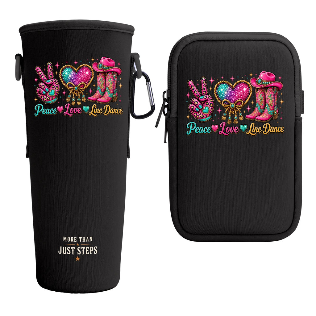 Black Peace Love Line Dance bottle carrier shown with removable front zip pocket and carabiner clip