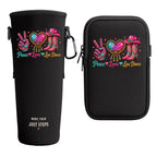 Black Peace Love Line Dance bottle carrier shown with removable front zip pocket and carabiner clip