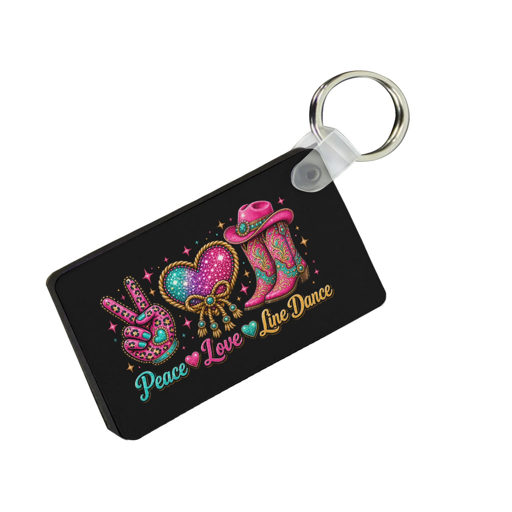 Peace Love Line Dance rectangle MDF keychain front view with metal keyring