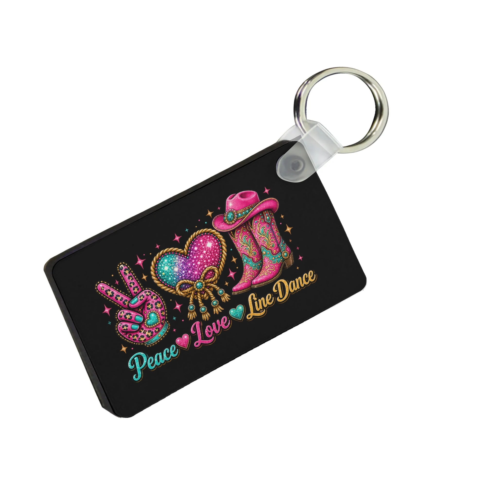Peace Love Line Dance rectangle MDF keychain front view with metal keyring