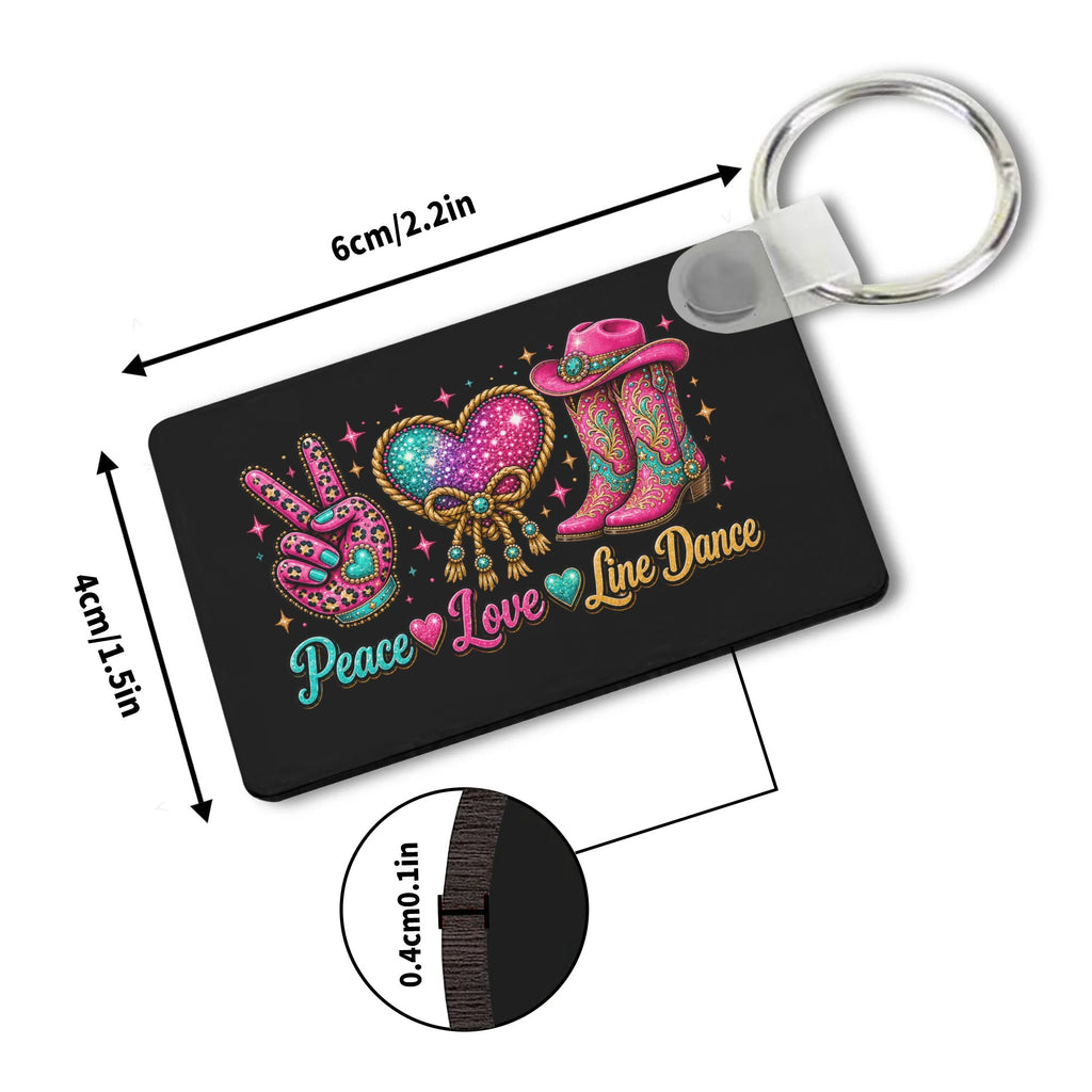 Peace Love Line Dance MDF keychain size guide showing 6 cm by 4 cm dimensions