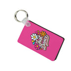 Retro hot pink MDF line dancing keyring with No Tags No Restarts Just Dance design
