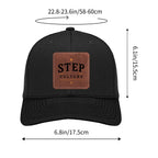 Brown leather Step Culture Collective logo patch on an adjustable unisex trucker cap