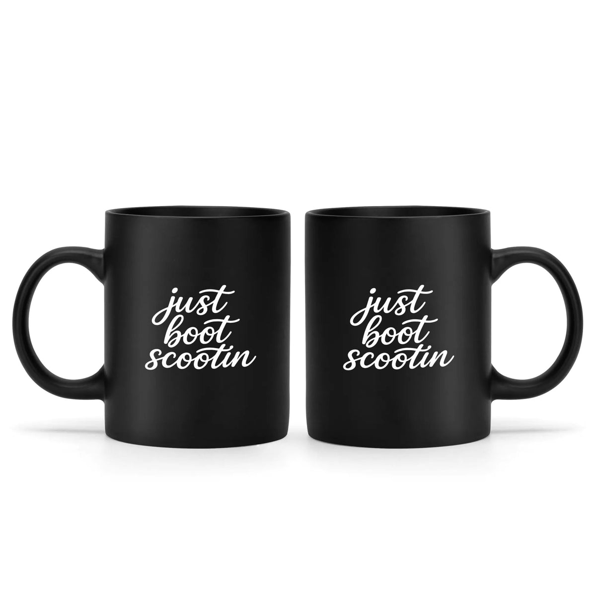 Just Boot Scootin' black western mug, 15 oz, product view 2