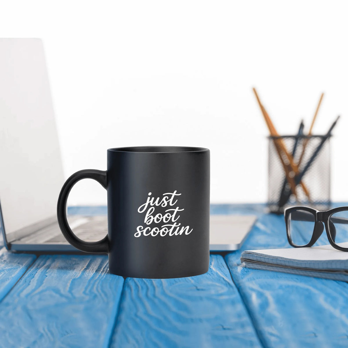 Just Boot Scootin' black western mug, 15 oz, product view 4