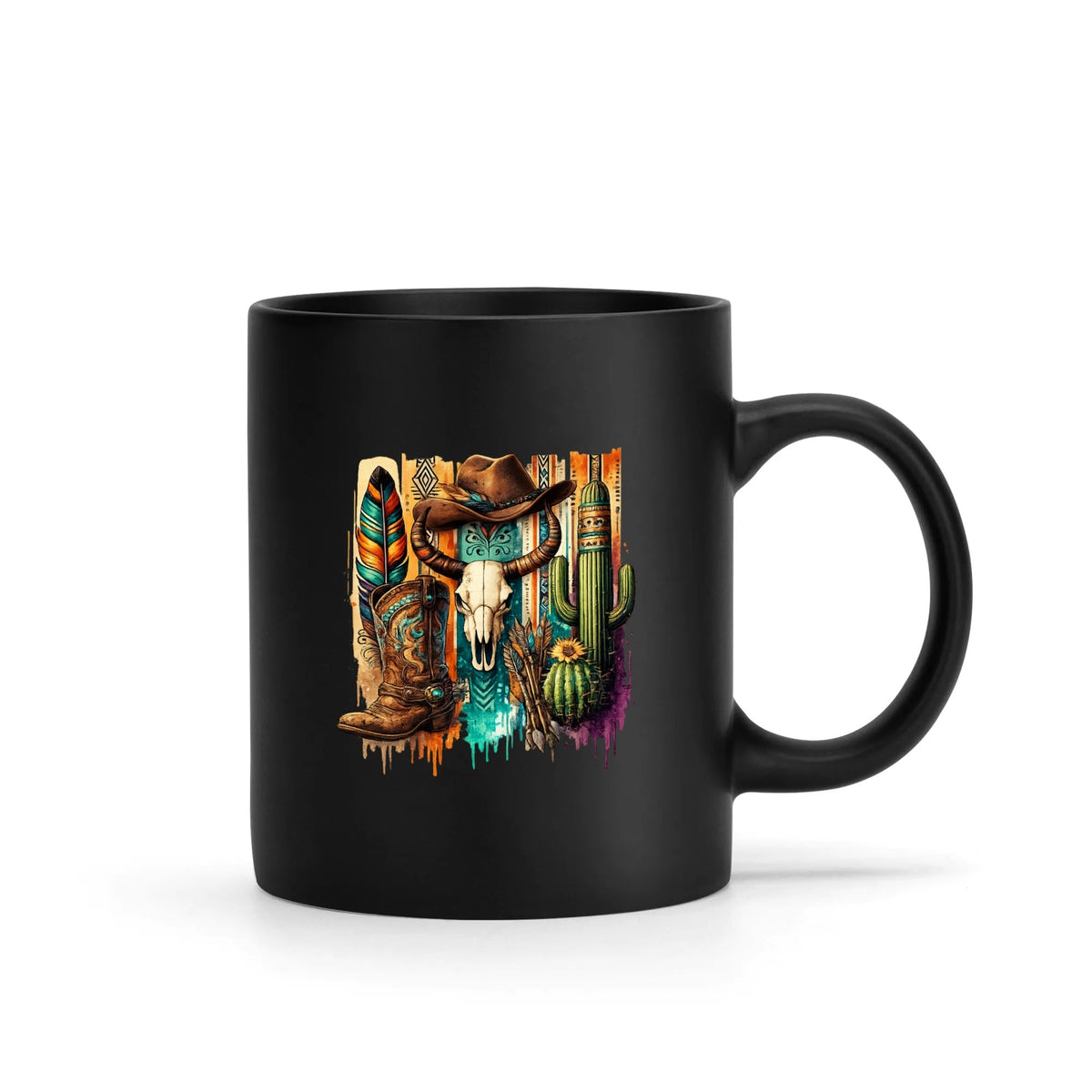 Southwestern cowboy skull black mug, 15 oz, product view 1