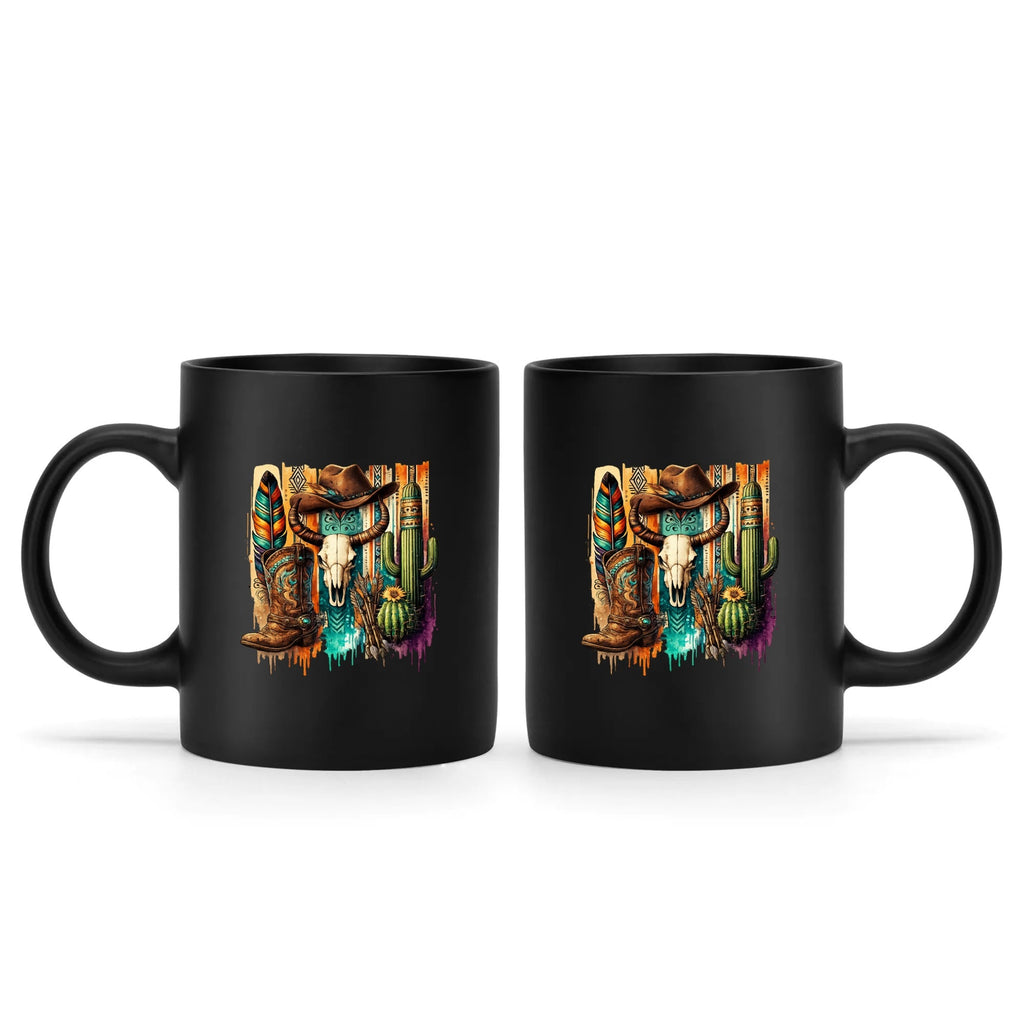 Southwestern cowboy skull black mug, 15 oz, product view 2