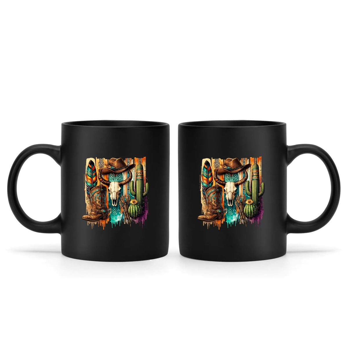 Southwestern cowboy skull black mug, 15 oz, product view 2