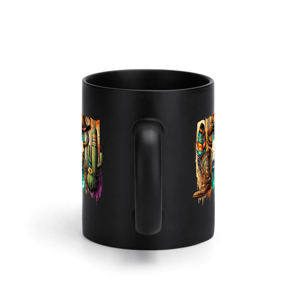 Southwestern cowboy skull black mug, 15 oz, product view 3