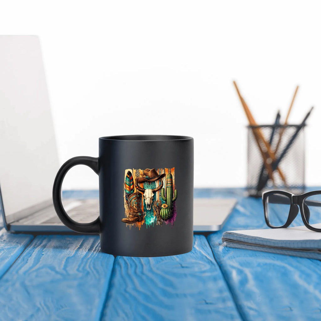 Southwestern cowboy skull black mug, 15 oz, product view 4