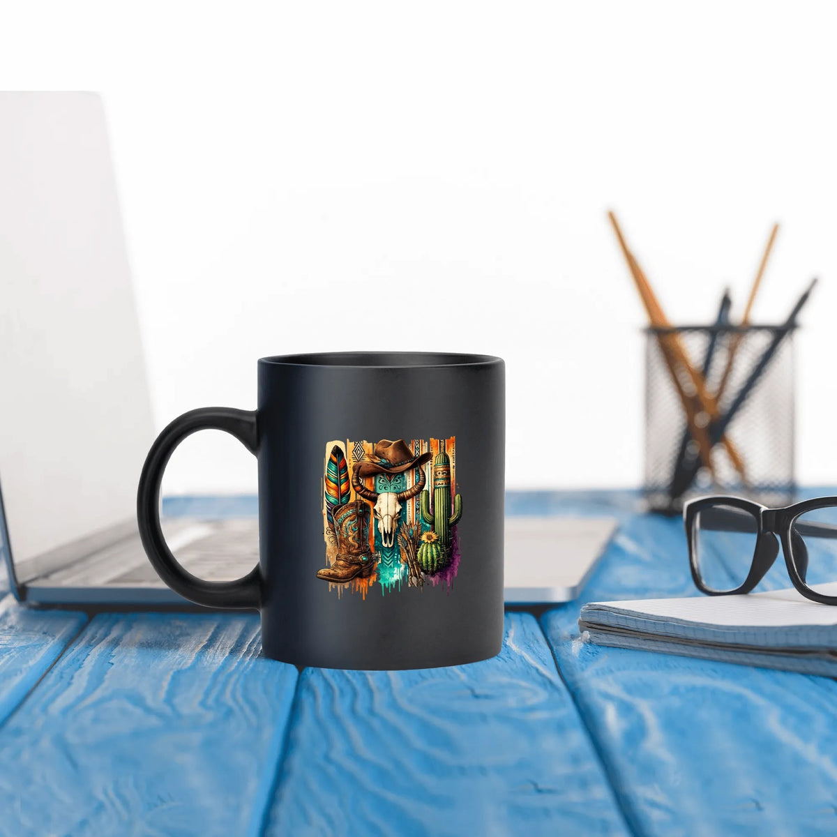Southwestern cowboy skull black mug, 15 oz, product view 4