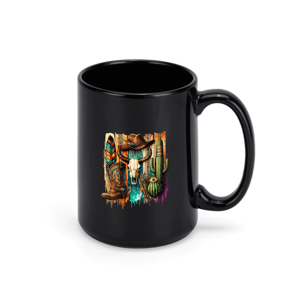 Southwestern cowboy skull black mug, 11 oz, product view 1