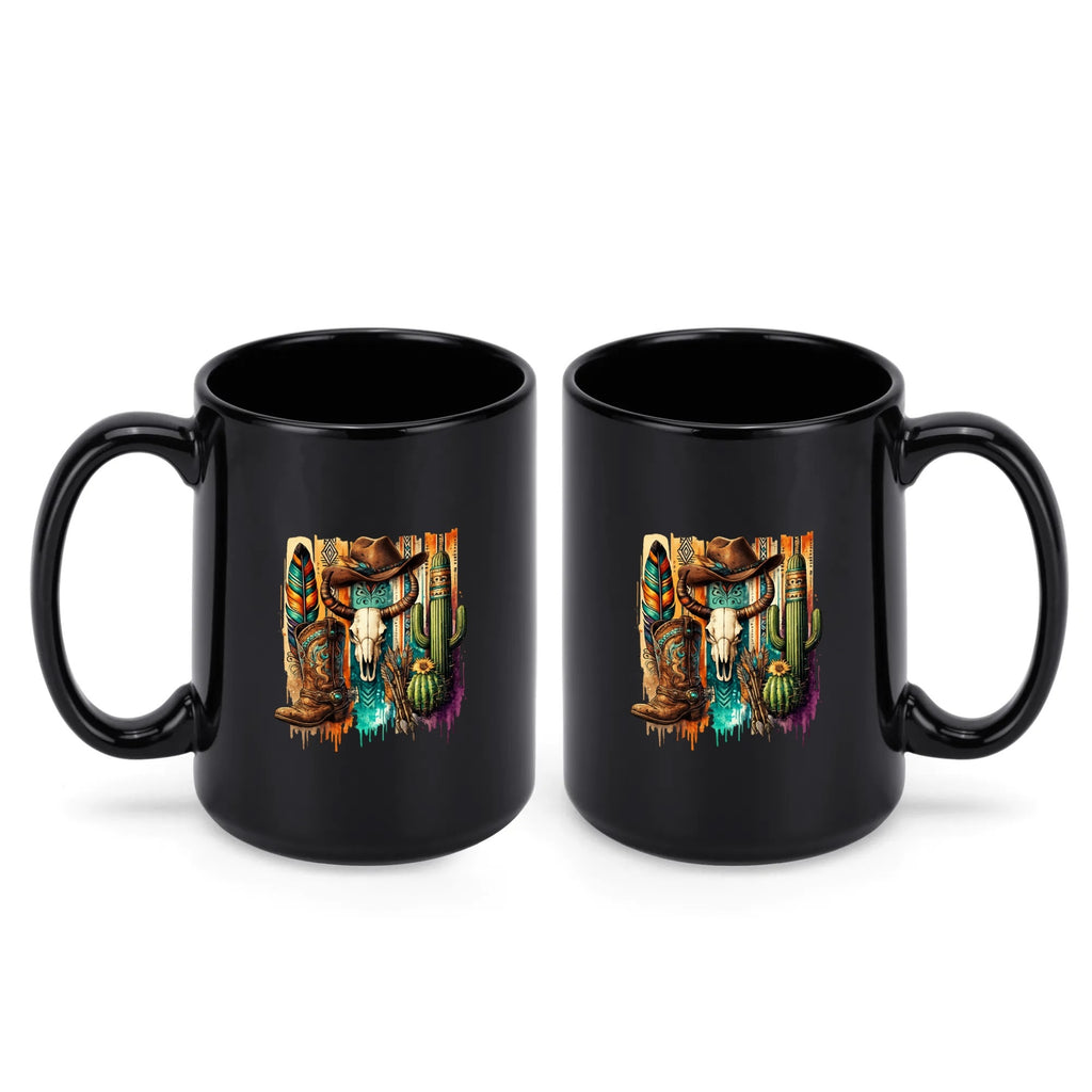 Southwestern cowboy skull black mug, 11 oz, product view 2