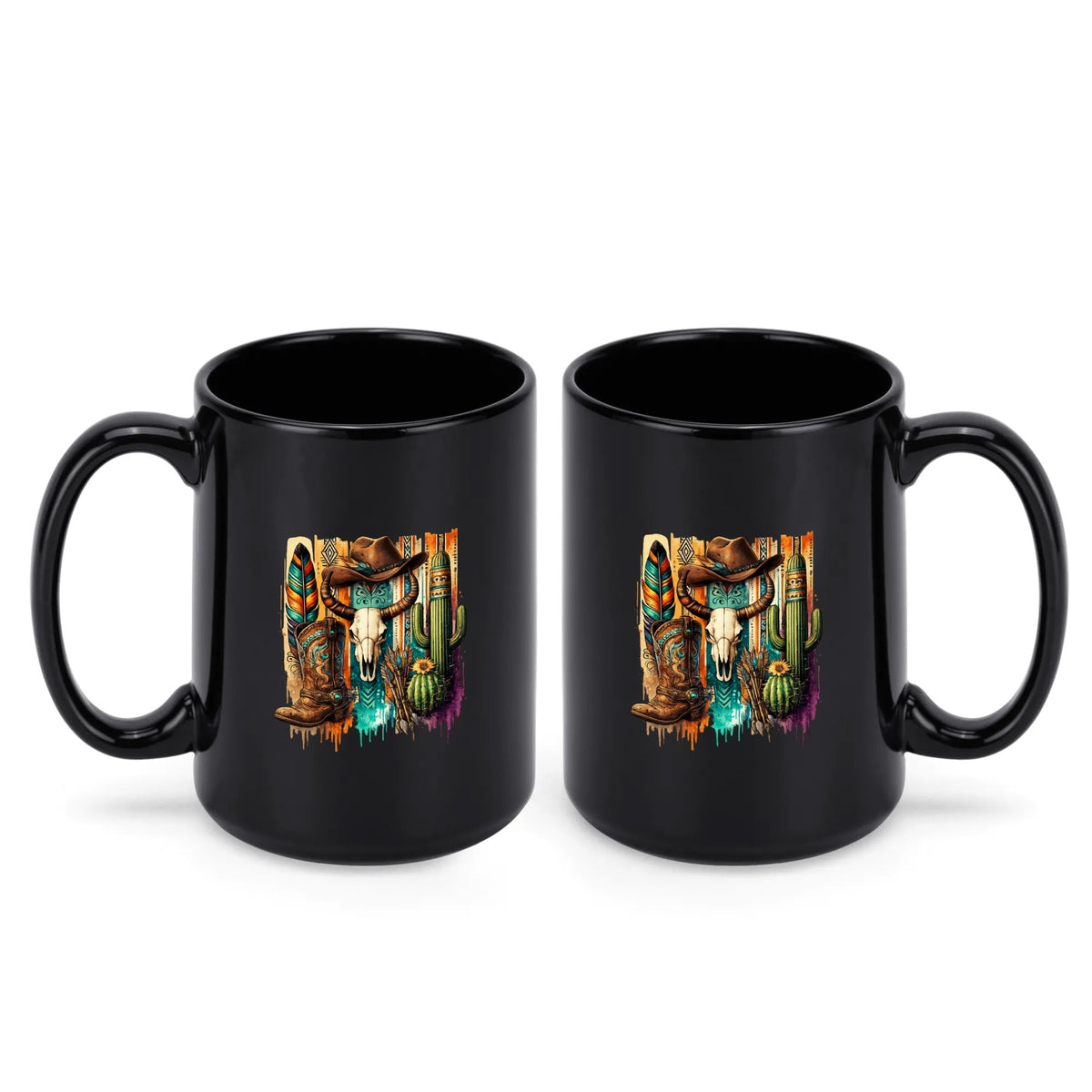 Southwestern cowboy skull black mug, 11 oz, product view 2