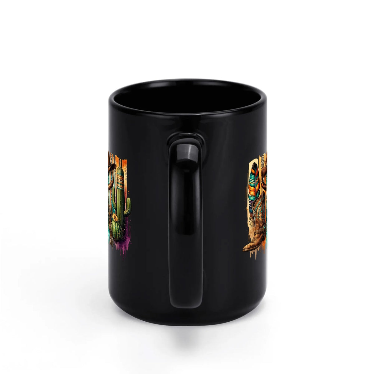 Southwestern cowboy skull black mug, 11 oz, product view 3