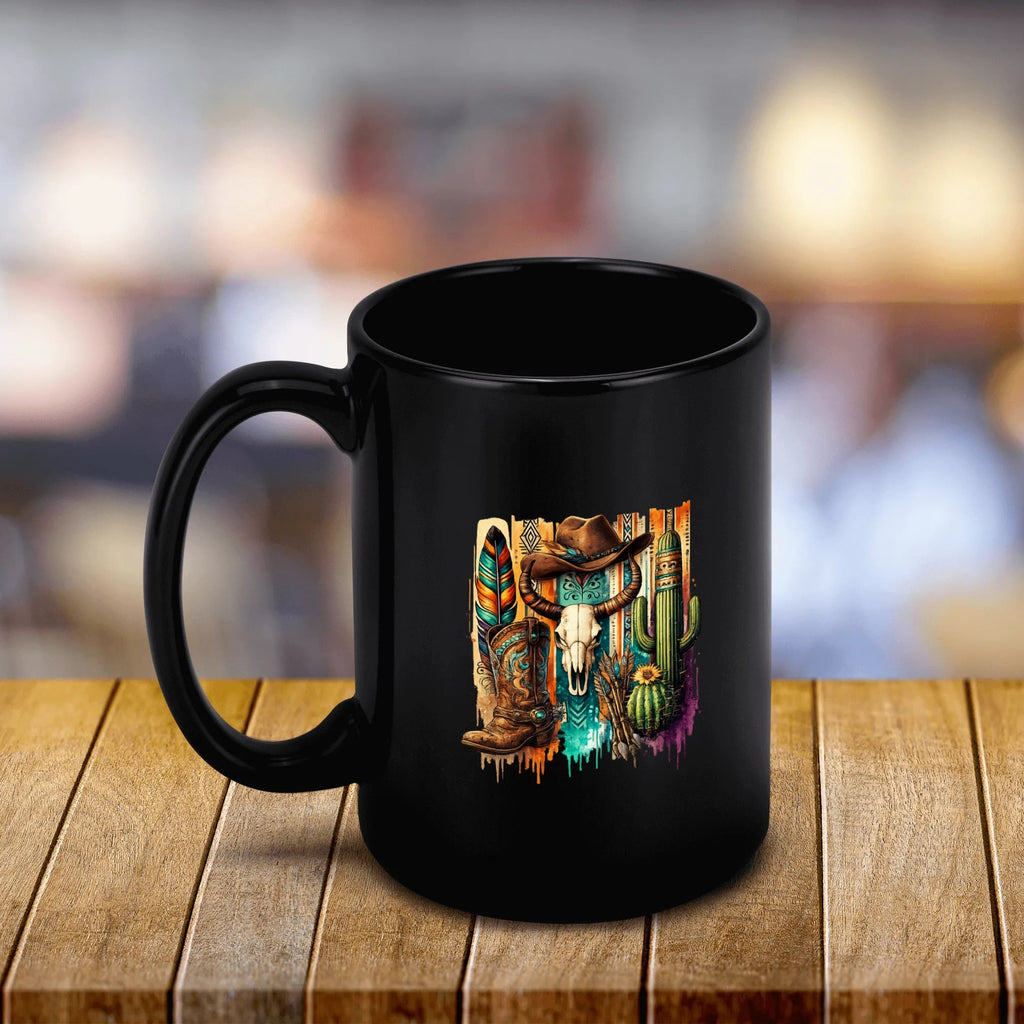 Southwestern cowboy skull black mug, 11 oz, product view 4