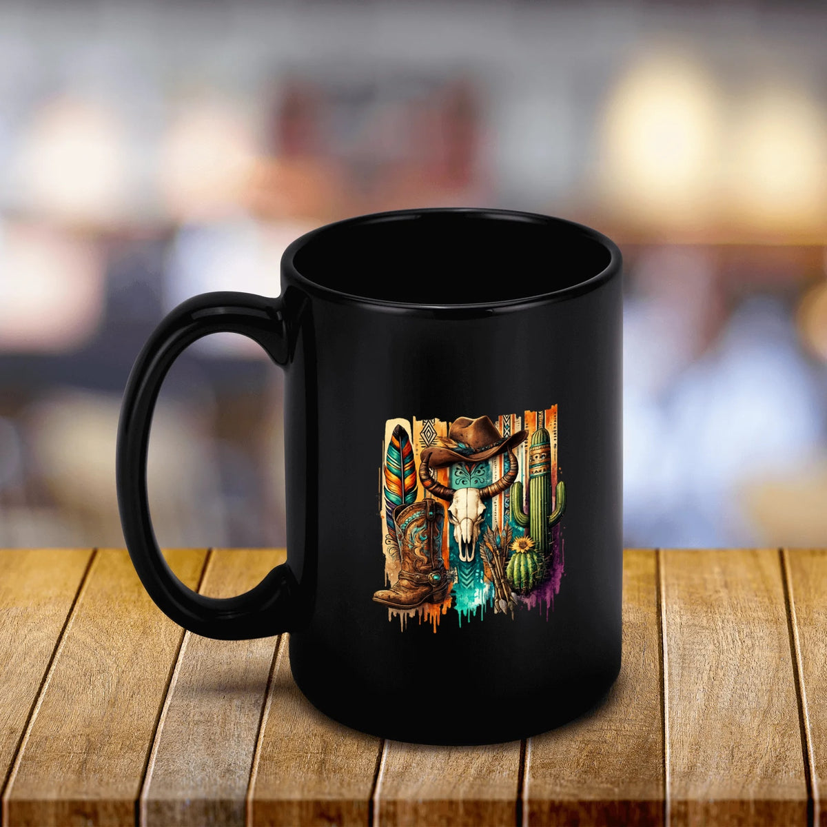 Southwestern cowboy skull black mug, 11 oz, product view 4