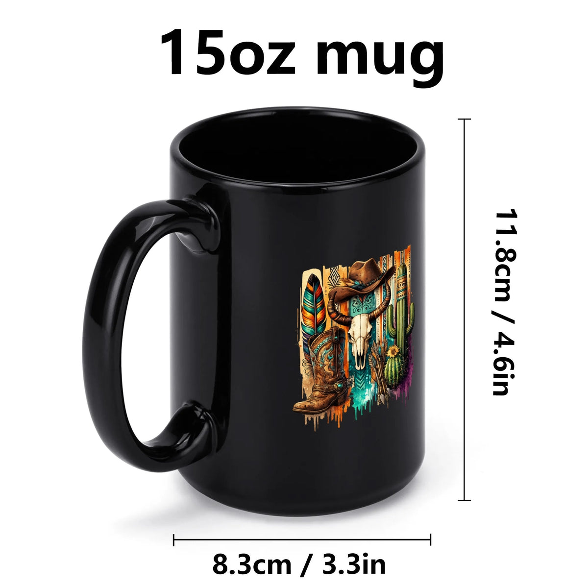 Southwestern cowboy skull black mug, 11 oz, product view 5