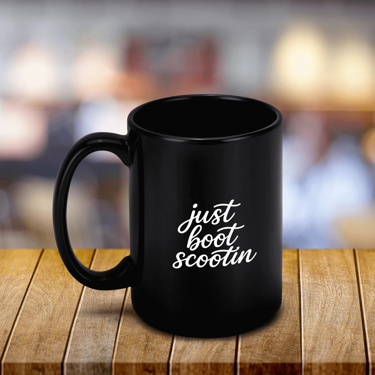 Just Boot Scootin' black western mug, 11 oz, product view 4