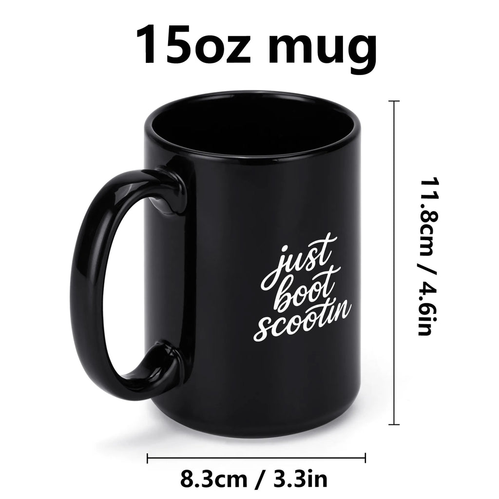 Just Boot Scootin' black western mug, 11 oz, product view 5