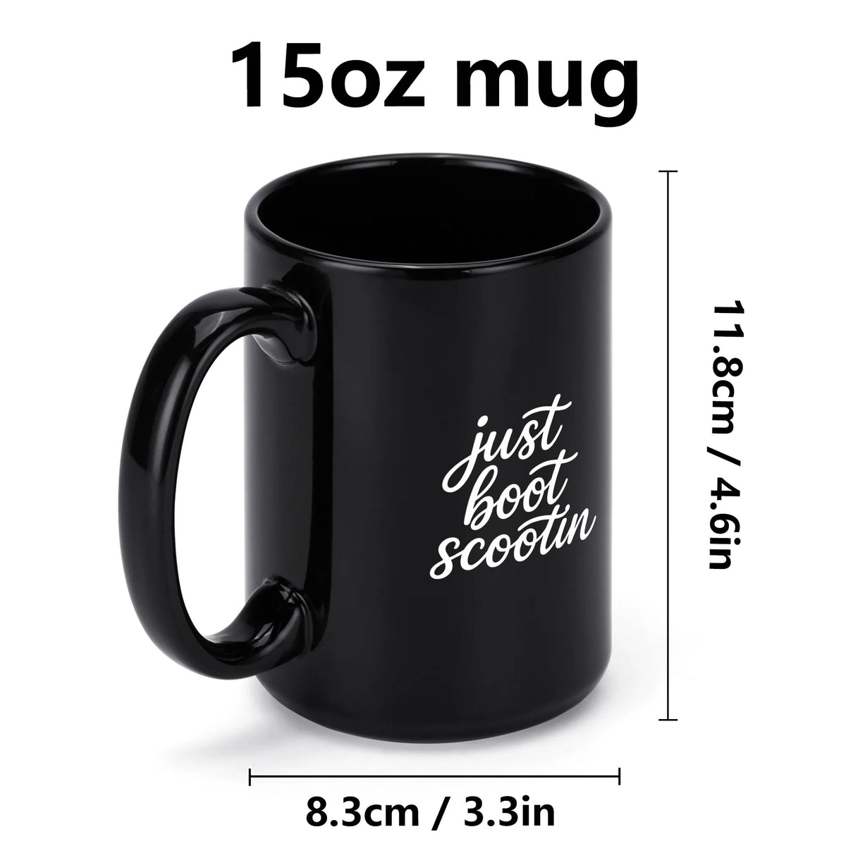 Just Boot Scootin' black western mug, 11 oz, product view 5