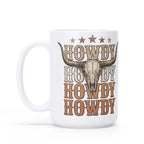 Howdy longhorn skull white ceramic mug, front product view