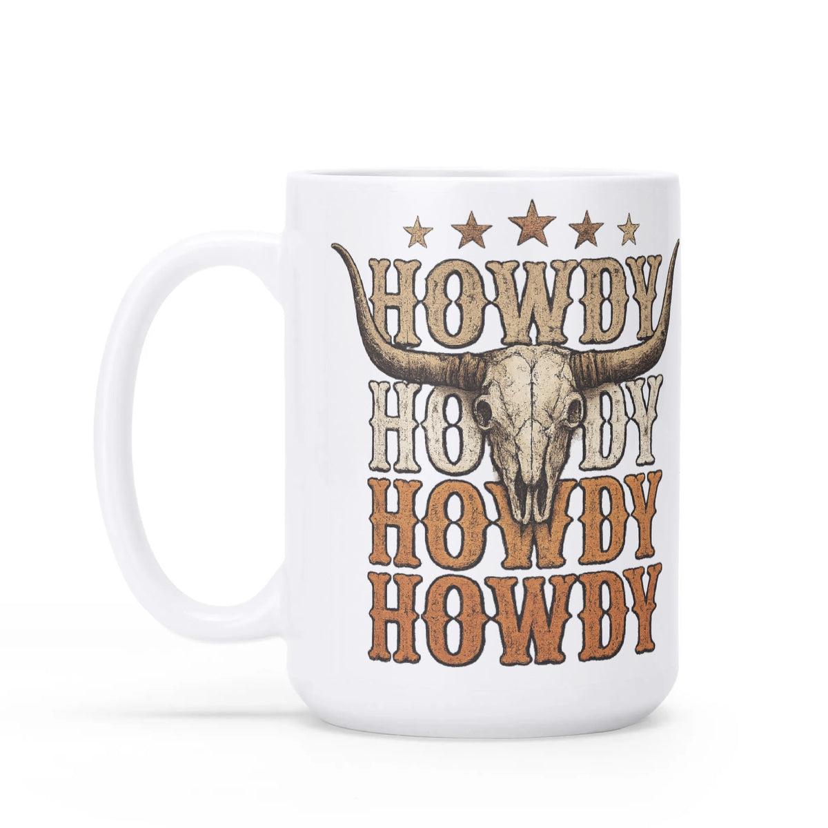 Howdy longhorn skull white ceramic mug, front product view