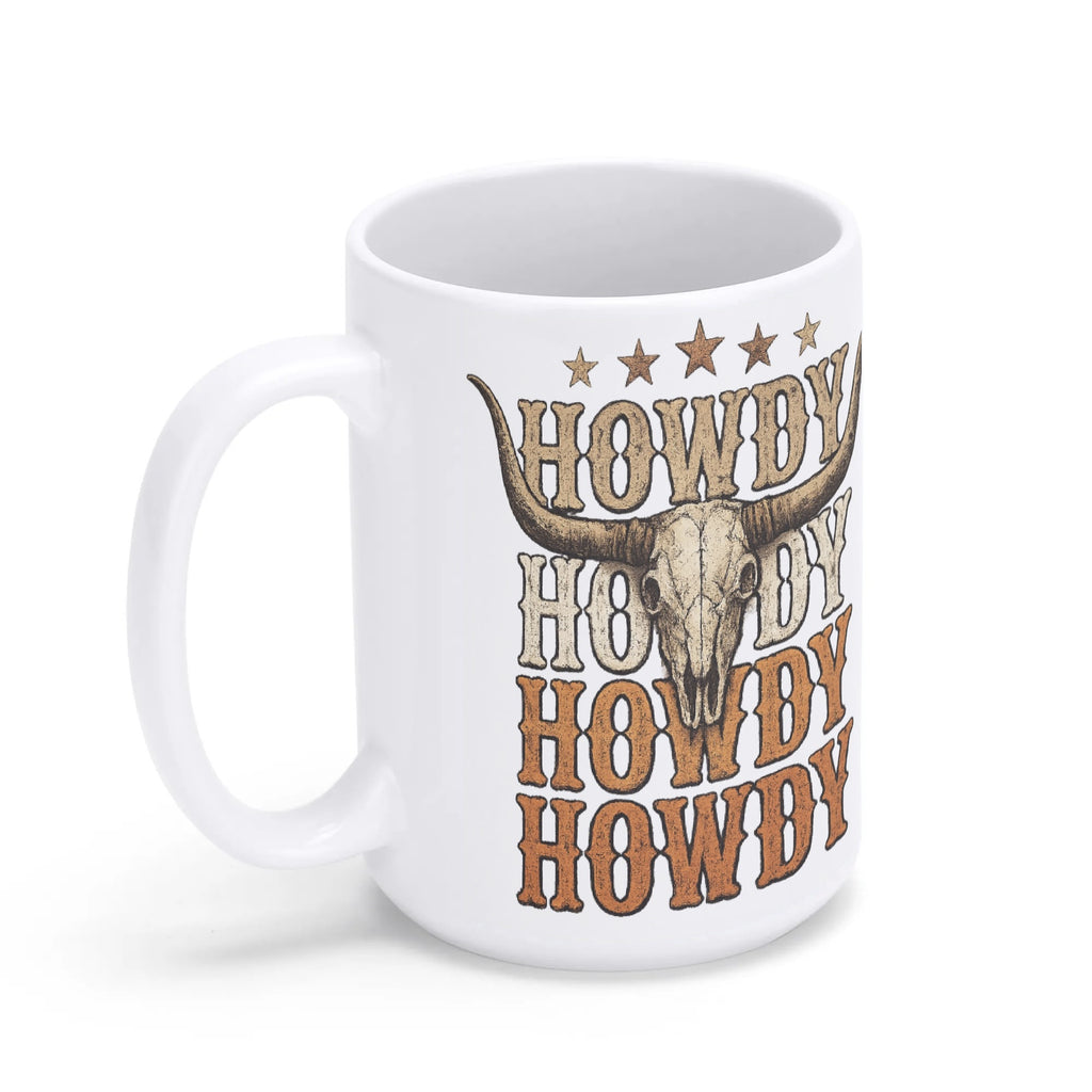 Howdy longhorn skull white ceramic mug, angled product view