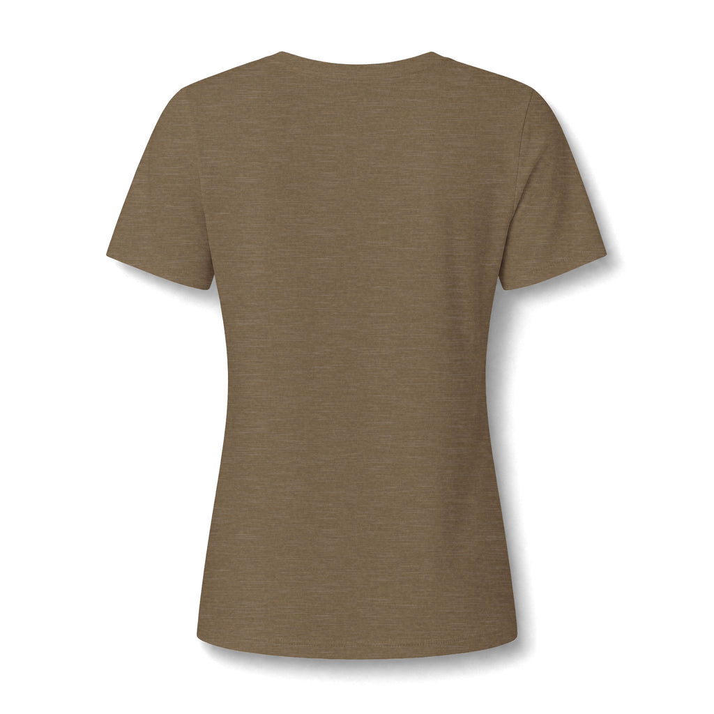 Heather olive women's relaxed V-neck T-shirt back view