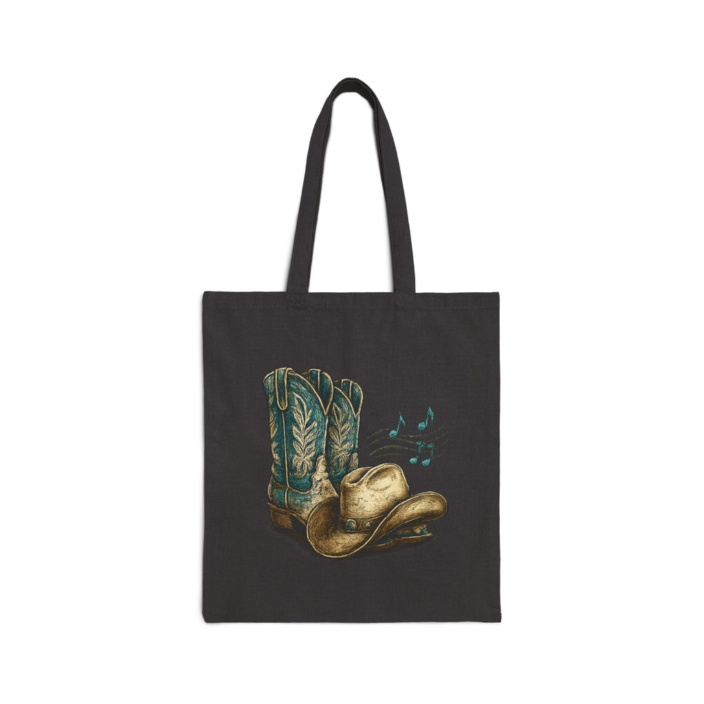 Front product mockup of the black ‘My Happy Hour Is Line Dancing’ tote bag.