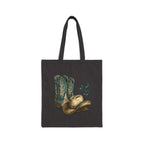 Front product mockup of the black ‘My Happy Hour Is Line Dancing’ tote bag.
