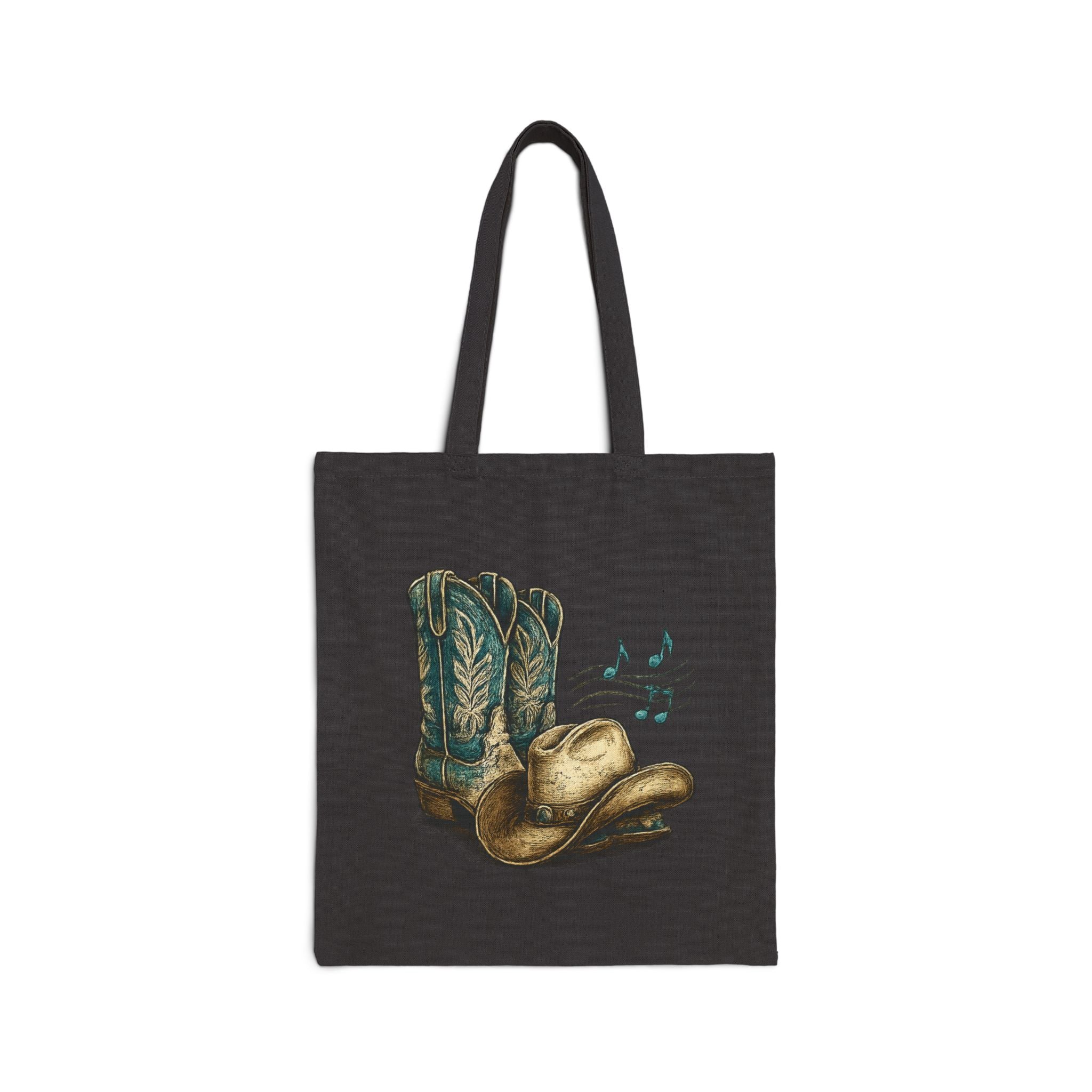 Front product mockup of the black ‘My Happy Hour Is Line Dancing’ tote bag.