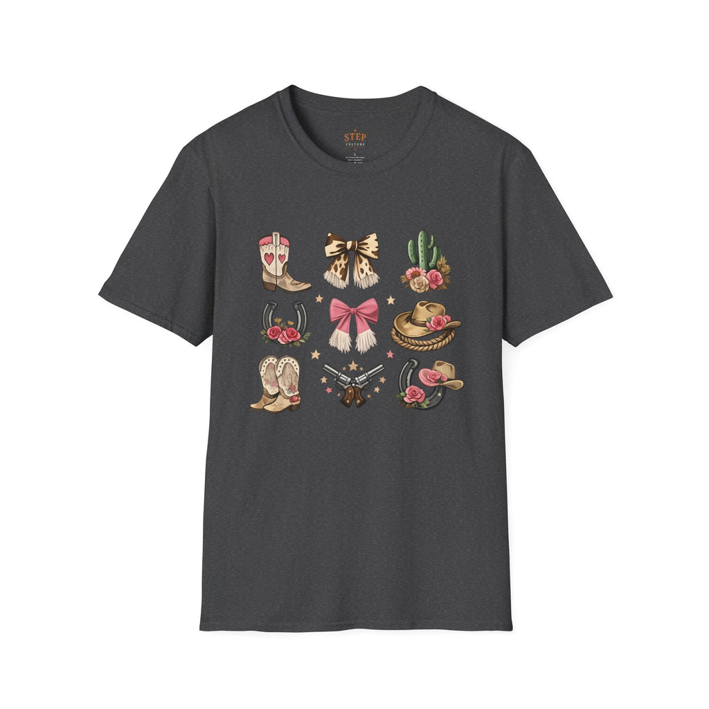 Women’s Western Icons tee featuring boots, hats, horseshoes and florals