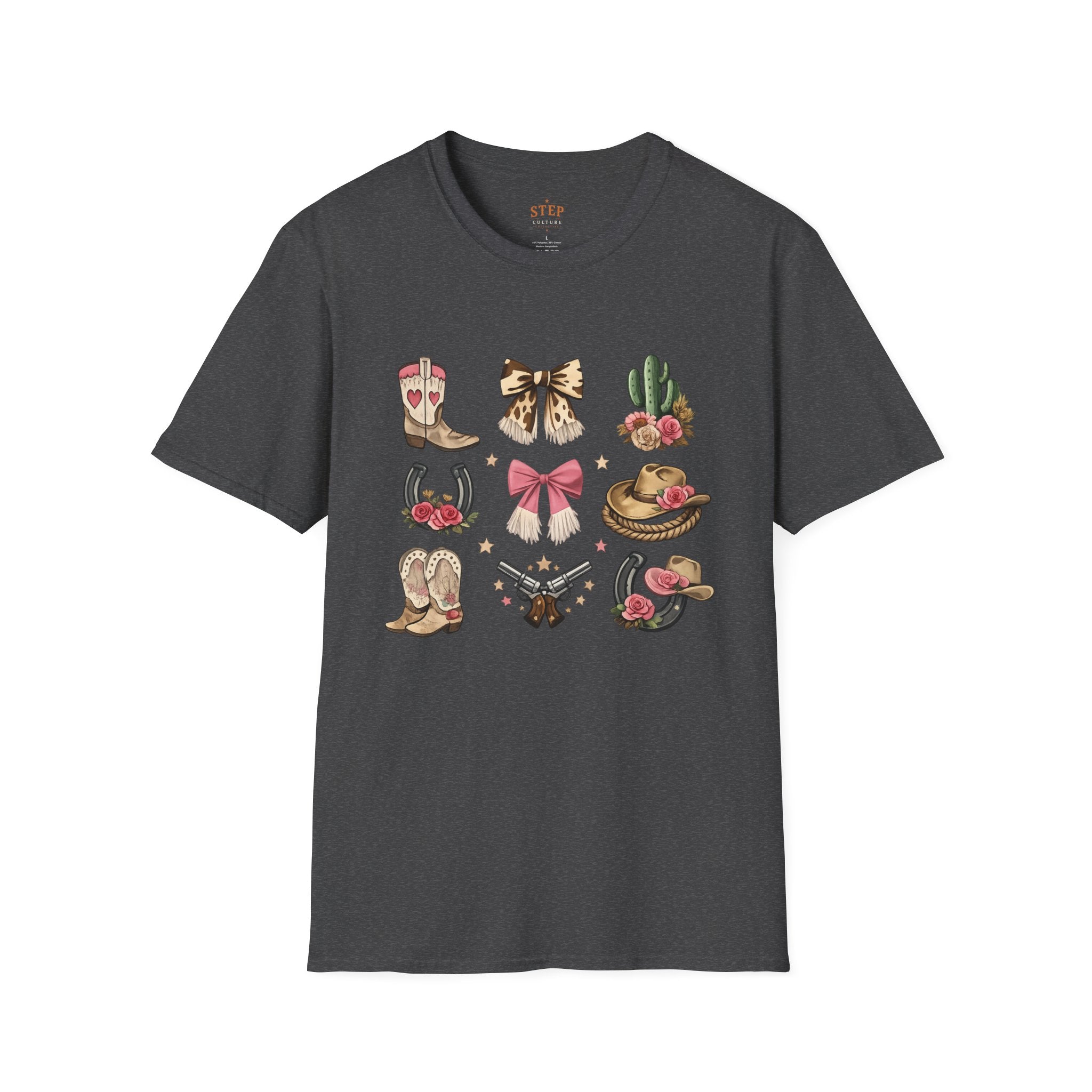 Women’s Western Icons tee featuring boots, hats, horseshoes and florals