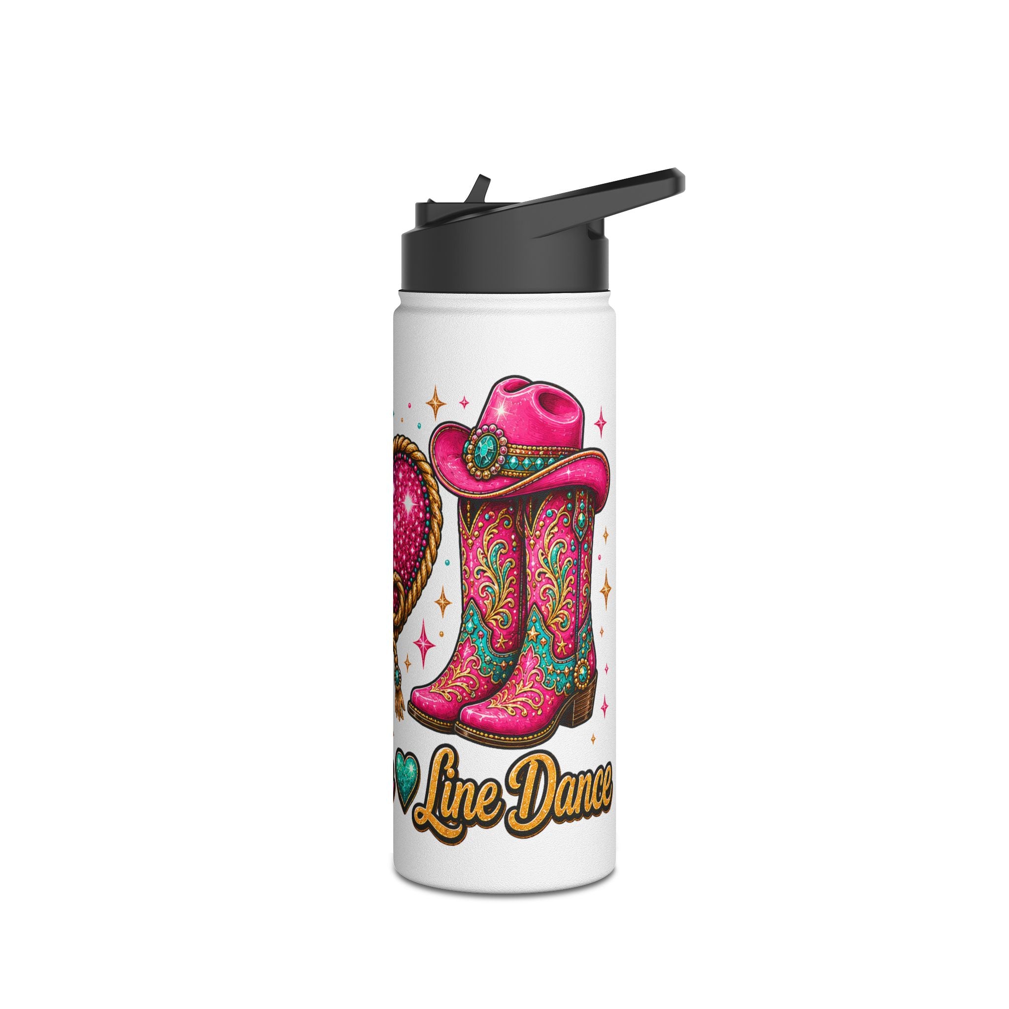 Reusable Peace Love Line Dance stainless steel bottle with glitter-style graphic
