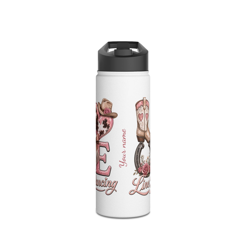 Personalised Love Line Dancing stainless steel bottle with glitter heart and custom name – product view 2