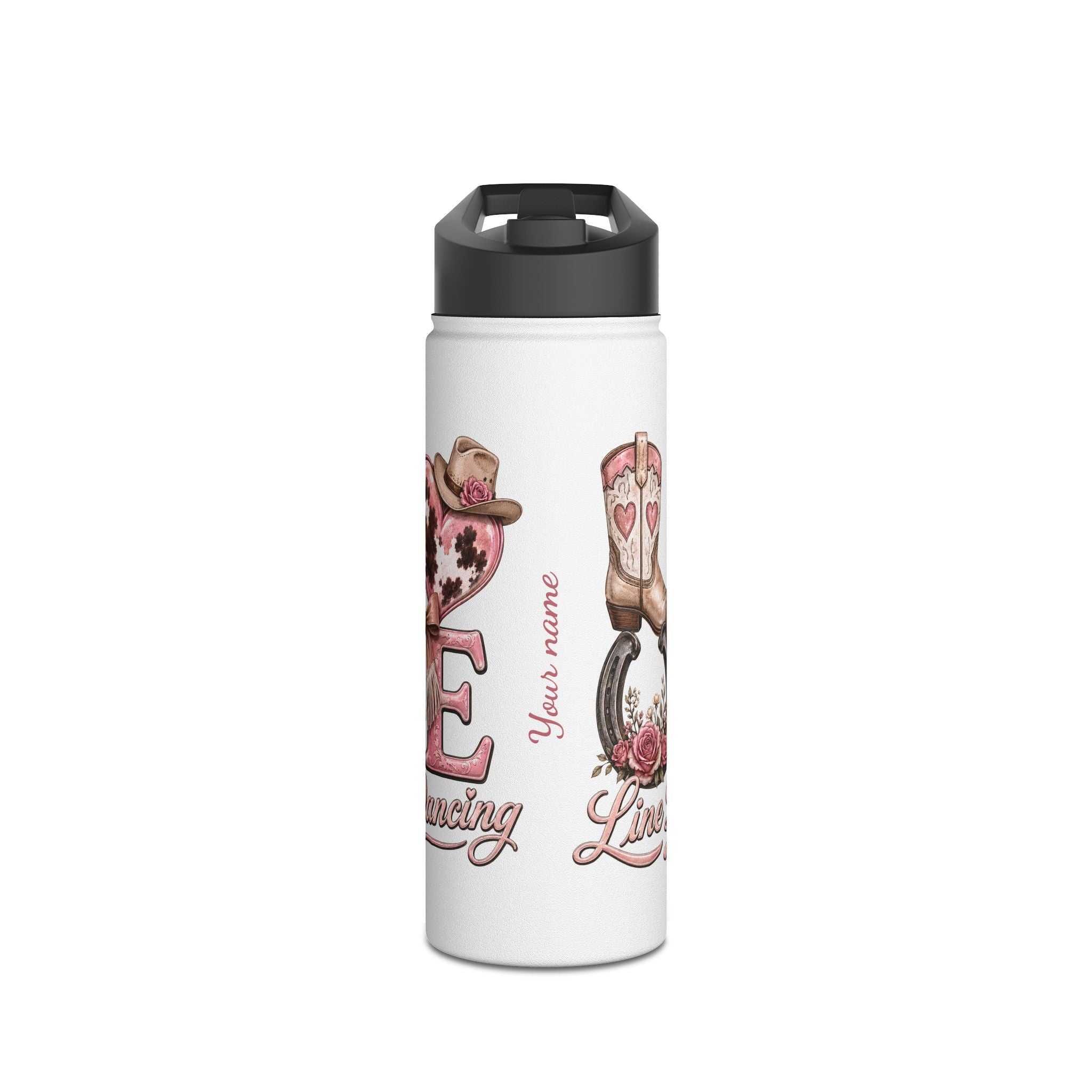 Personalised Love Line Dancing stainless steel bottle with glitter heart and custom name – product view 2