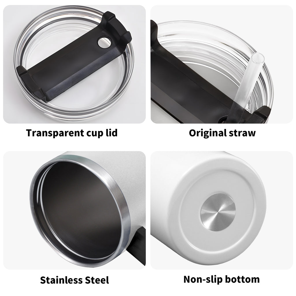 Close-up of clear tumbler lid, reusable straw, stainless steel interior and non-slip base