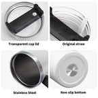 Close-up of clear tumbler lid, reusable straw, stainless steel interior and non-slip base