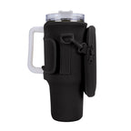 Side view of black neoprene tumbler carrier around a handled 40 oz cup